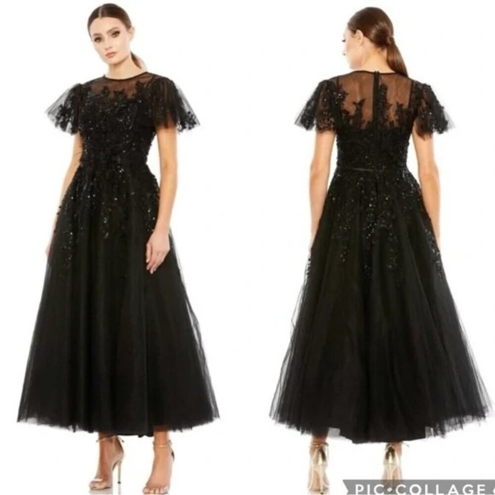 Mac Duggal Black Sequin Tulle Midi Dress - Picture 2 of 11